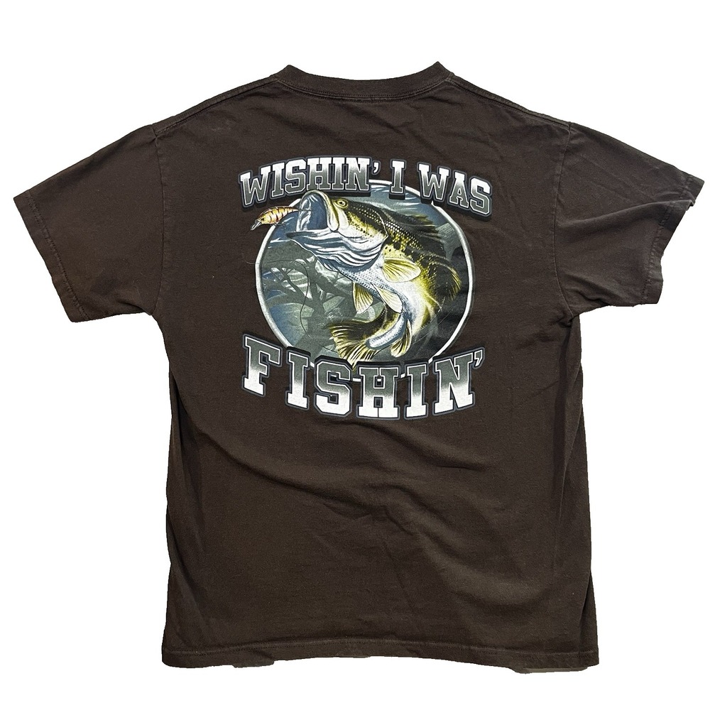 Wishin I Was Fishin Mens T-Shirt‎ Fishing Graphic Tee Size M Medium Brown